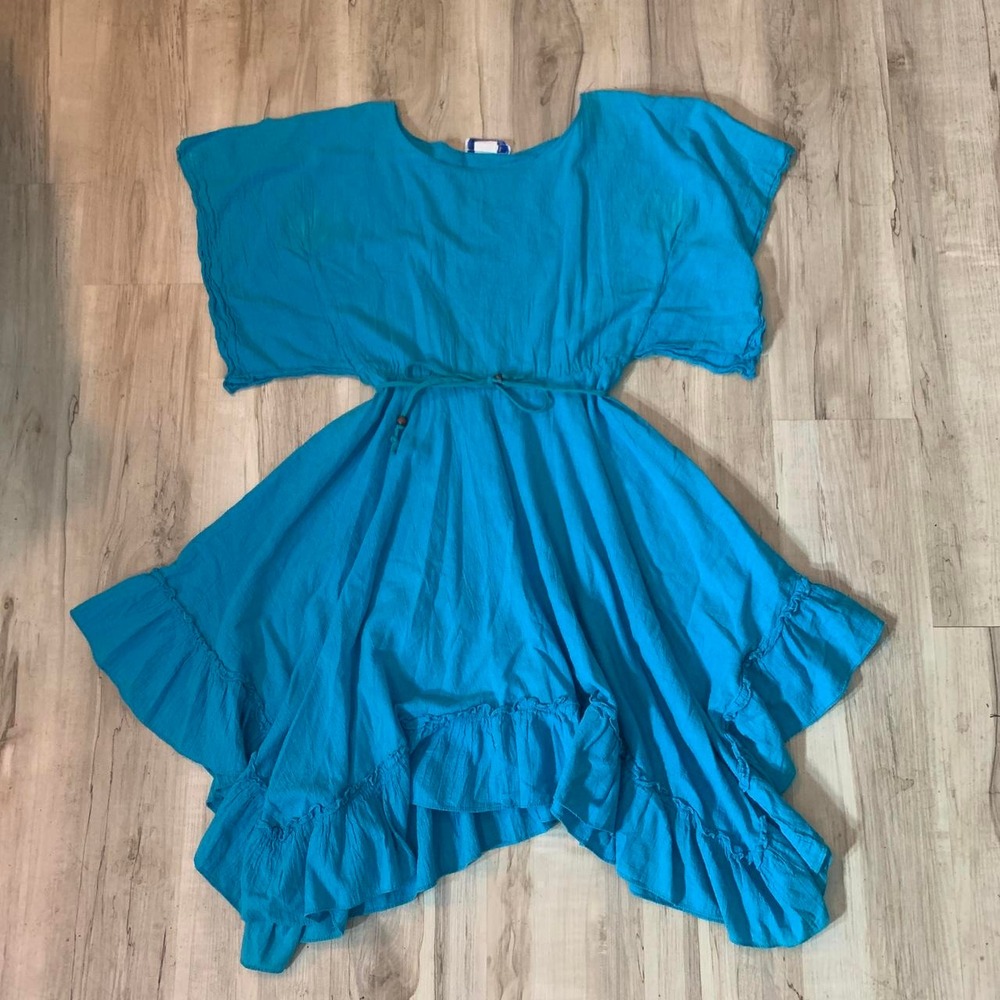 DBA LA Blue Ruffle Bohemian Festival Dress Tie Waist Size 9 7656